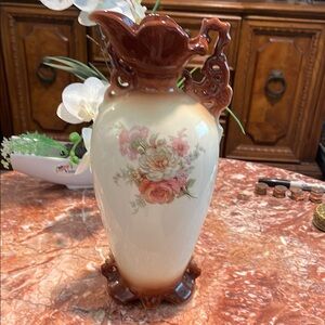 Brown and Cream Accent Vase with Ornate Floral Design